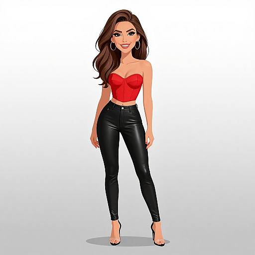 Digital illustration of a stylish woman with long brown hair, wearing a red strapless top, black leather pants, and heels, standing confidently against a white