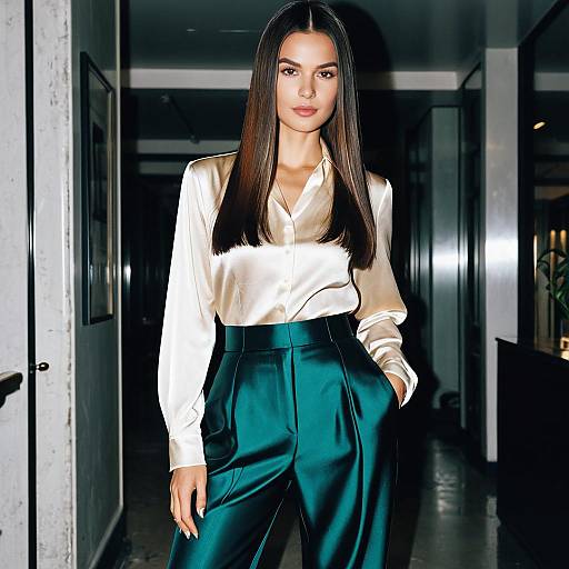 Woman with Sleek Straight Hair in Silk Blouse and High-Waisted Trousers