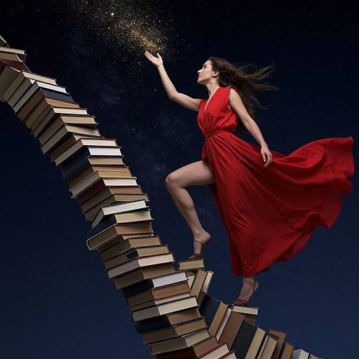 Photograph of a woman in a flowing red dress, barefoot, climbing a stack of books against a dark, starry night sky.