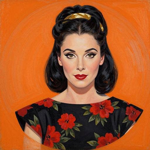 Digital painting of a fair-skinned woman with black hair, red lipstick, and a black dress with red flowers, against an orange background. Retro,