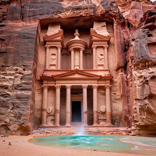 Photograph of a majestic, ancient stone temple with Corinthian columns, nestled in a rugged, red-hued canyon with a glowing turquoise pool at its