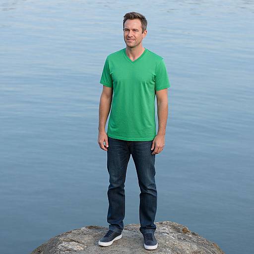 Photograph of a smiling, short-haired man in a green V-neck T-shirt, black jeans, and white sneakers standing on a rock by calm blue