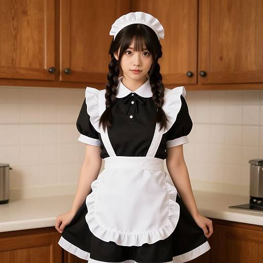 Photograph of an Asian woman with long black hair in braids, wearing a black and white French maid outfit, standing in a wooden kitchen with white