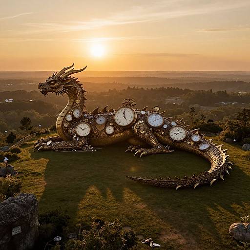 Photograph of a giant, bronze dragon with clock faces on its body, lying on a grassy hill at sunset, with a distant forest and village