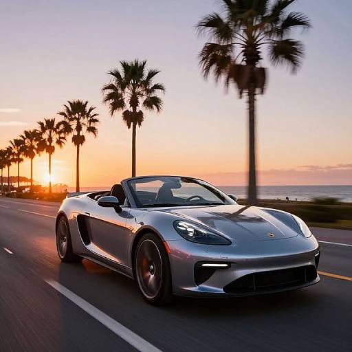 Photograph of a sleek, silver Porsche convertible driving on a coastal road at sunset, with palm trees and a vivid orange sky in the background.