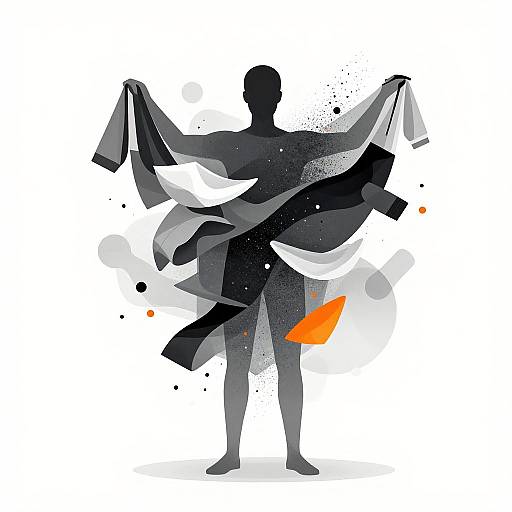 Abstract digital artwork of a silhouetted figure holding flowing black and white ribbons, with splatters of gray, black, and orange against a