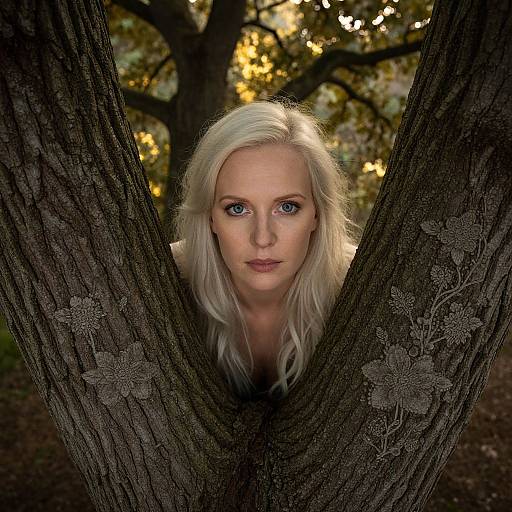 Photograph of a blonde woman with blue eyes, peering through the V-shaped branches of a textured tree, autumn foliage in the background.