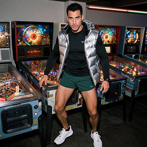 Photograph of a muscular, tan-skinned man with short black hair, wearing a silver puffer vest, black shirt, green shorts, and white