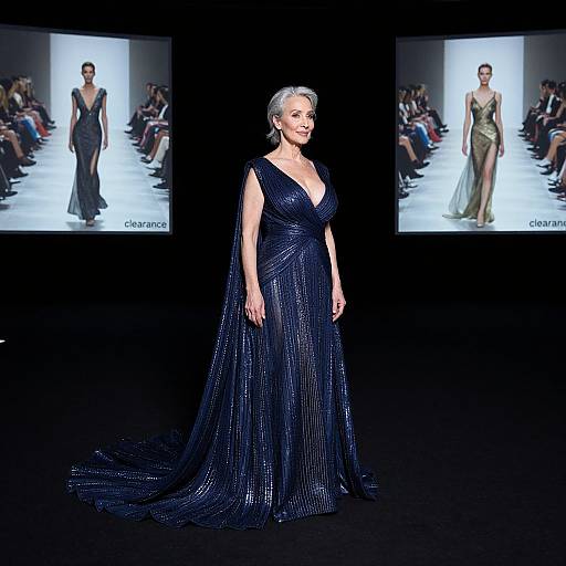 Photograph of an older woman with short silver hair wearing a deep blue, sparkling, sleeveless gown on a black runway, flanked by screens showing
