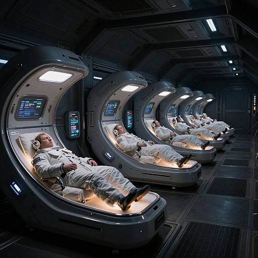 Photograph of six astronauts in white space suits, sleeping in futuristic, curved, illuminated bunks within a dark, sleek spaceship.