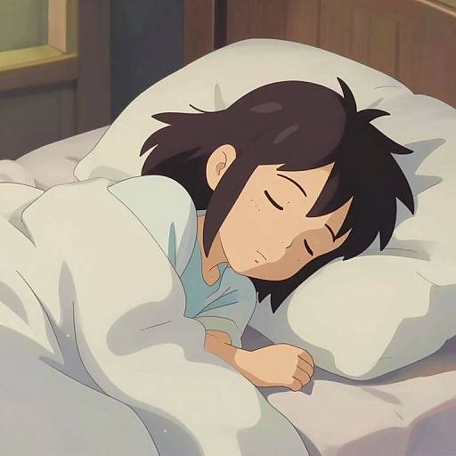 Anime-style digital drawing of a young girl with black hair, sleeping peacefully under a white blanket on a bed.