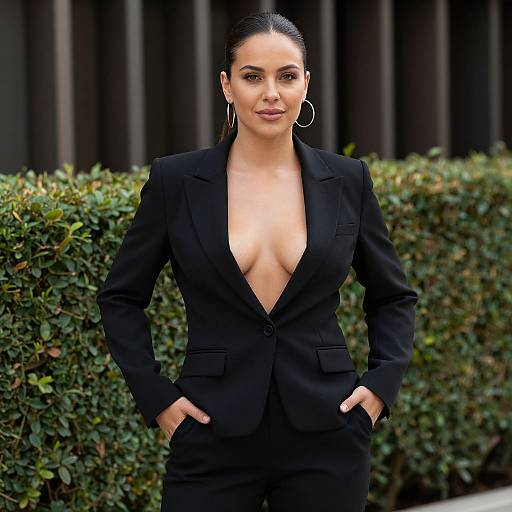 Photograph of a confident woman with dark hair in a sleek black blazer, deep V-neck exposing cleavage, hands in pockets, large hoop earrings