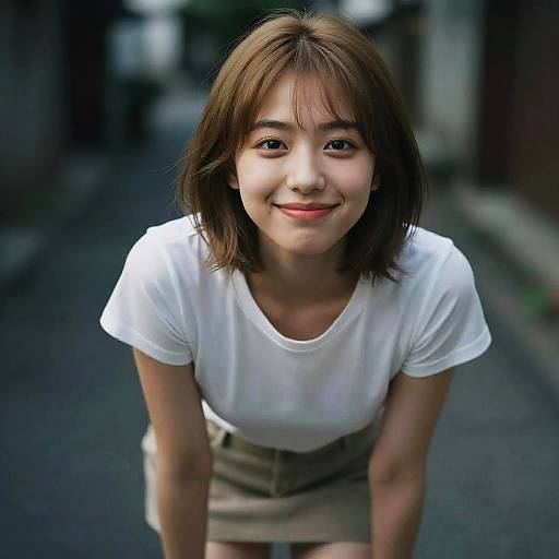Photograph of a smiling young Asian woman with shoulder-length brown hair, wearing a white t-shirt and beige skirt, leaning forward on a blurred urban street