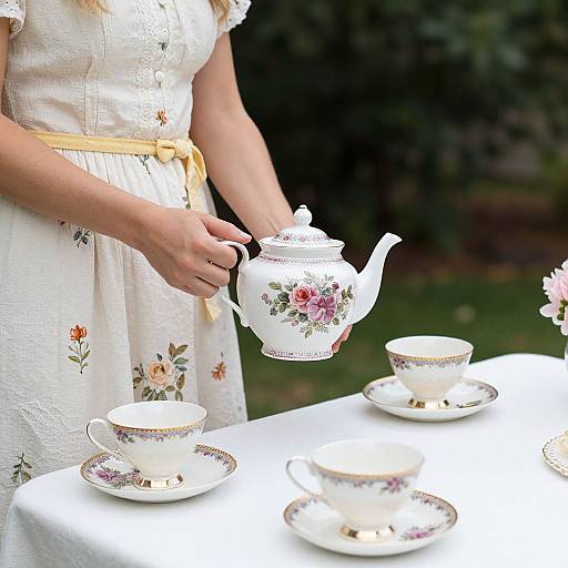 Photograph of a woman in a white floral dress pouring tea from a matching floral teapot into three white teacups with floral designs, set on