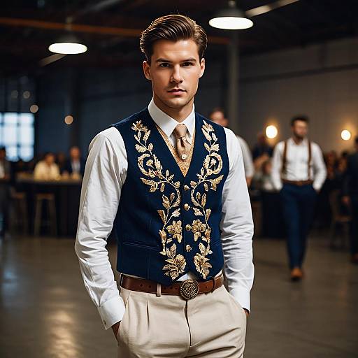 Man in Embroidered Vest at Indoor Event
