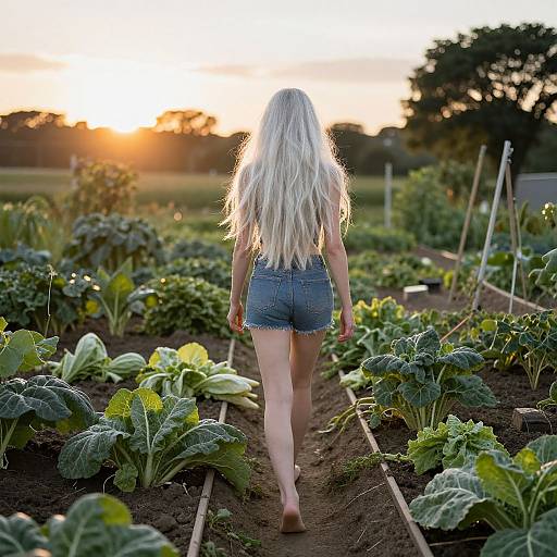 Photograph of a blonde woman with long hair, wearing denim shorts, walking barefoot through a sunlit vegetable garden at sunset.