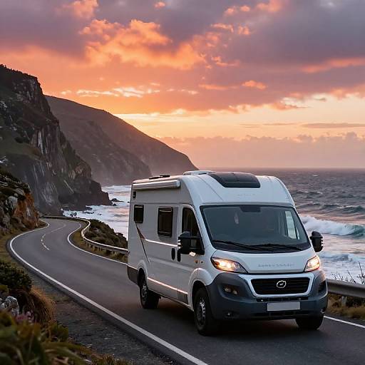 Photograph of a white Nissan campervan driving on a winding coastal road at sunset, with dramatic orange and pink clouds, rocky cliffs, and ocean