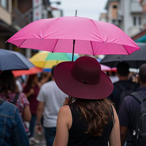 Photograph of a woman with a large purple hat and pink umbrella, standing in a crowded street, surrounded by colorful umbrellas and people. Urban city