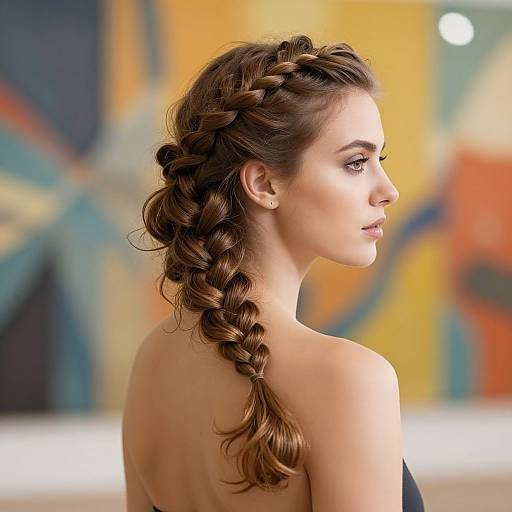 Photograph of a young woman with fair skin, brown braided hair, and subtle makeup, facing left, topless, against a colorful, abstract