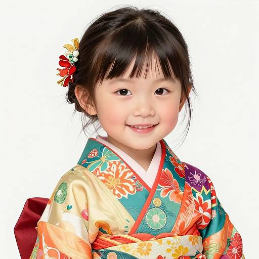 Smiling Chinese Girl in Colorful Kimono