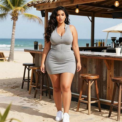 Photograph of a curvy, dark-haired woman in a gray, tight, sleeveless dress and white sneakers, standing at a beach bar with wooden