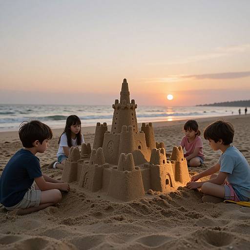 Photograph of four children building a sandcastle at sunset on a beach, with gentle waves and a golden sky in the background.