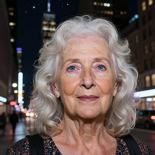 Photograph of an elderly woman with white, curly hair, blue eyes, and fair skin, standing on a brightly lit urban street at night.