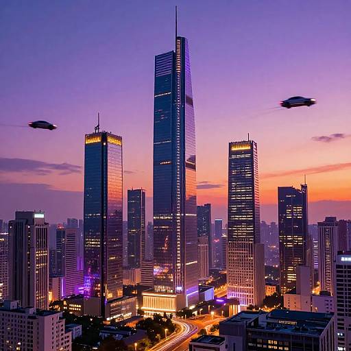 Photograph of a futuristic cityscape at dusk, featuring towering blue and purple-lit skyscrapers, illuminated streets, and three flying saucers