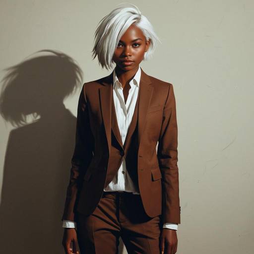 Confident Woman in Brown Suit with White Hair