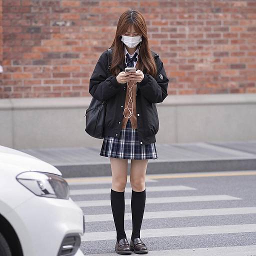 Young Woman Using Phone on Crosswalk