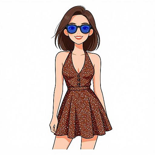 Smiling Woman in Speckled Halter Neck Dress with Blue Sunglasses