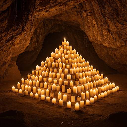 Photograph of a pyramid-shaped arrangement of glowing, white candles inside a dimly lit, rocky cave, casting warm, flickering light.