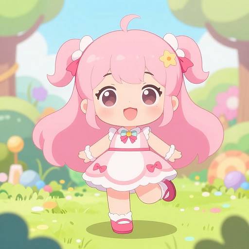 Cute anime-style chibi girl with pink hair, white dress, and red bows, running joyfully in a colorful, sunlit garden.