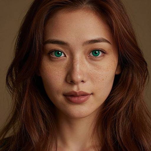 Photograph of a young woman with fair skin, green eyes, and brown wavy hair, looking directly at the camera with a neutral expression against a