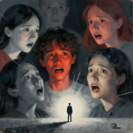 Digital painting: Close-up of six anxious, illuminated faces with varying hair colors, surrounding a small, silhouetted figure in the center. Background