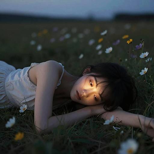 Woman Relaxing in Wildflower Field at Twilight