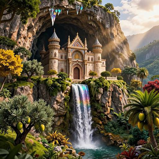 Fantastical digital artwork of a grand, ornate temple with twin towers, nestled in a lush, rocky canyon with a cascading waterfall, surrounded