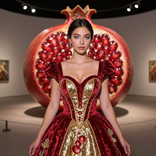 Photograph of a fair-skinned woman with dark hair in a red and gold embroidered ball gown, standing in front of a large, red, p