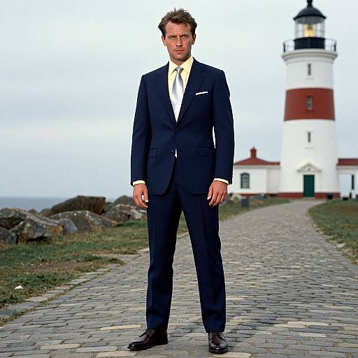 Photograph of a tall, handsome man in a dark navy suit, white shirt, and tie, standing on a cobblestone path with a white
