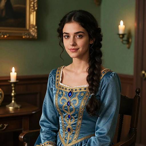 Photograph of a young woman with fair skin, long dark curly hair in a braid, wearing a blue medieval dress with gold embroidery and blue gem