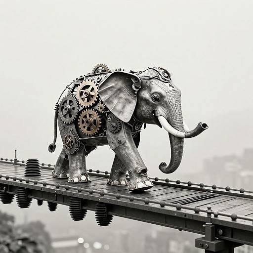 Photograph of a metallic elephant sculpture with gears and cogs on a bridge, standing on a metal grating, monochromatic black and white.