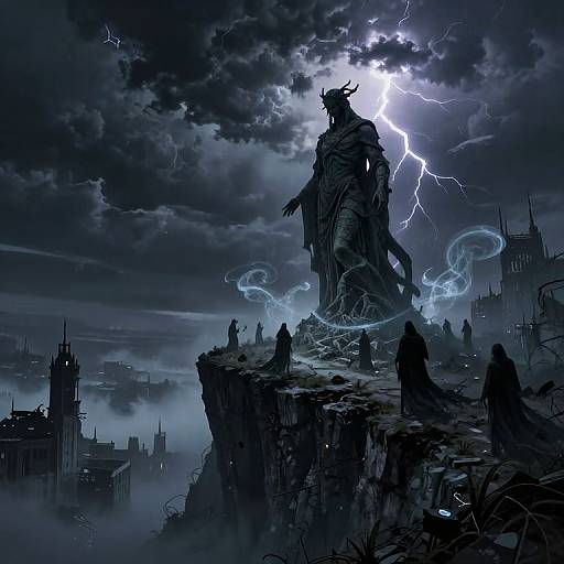 Digital fantasy artwork: Dark, stormy sky with lightning; silhouetted horned statue on cliff, surrounded by ghostly figures, gothic