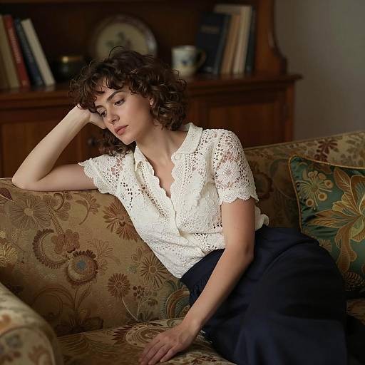 Contemplative Woman on Patterned Couch
