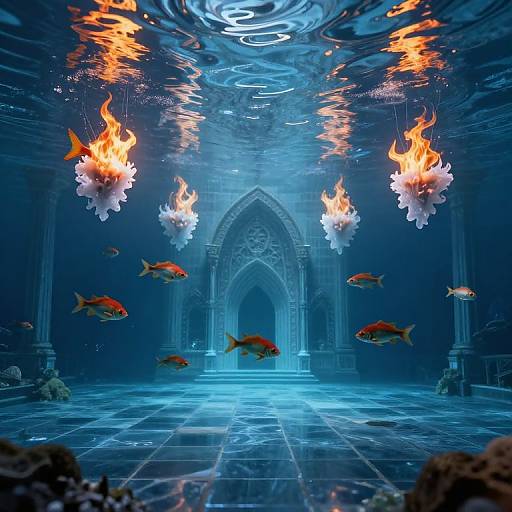 Digital artwork of underwater cathedral with blue-tinted architecture, floating fire-lit lanterns, and orange fish swimming around ornate archways.