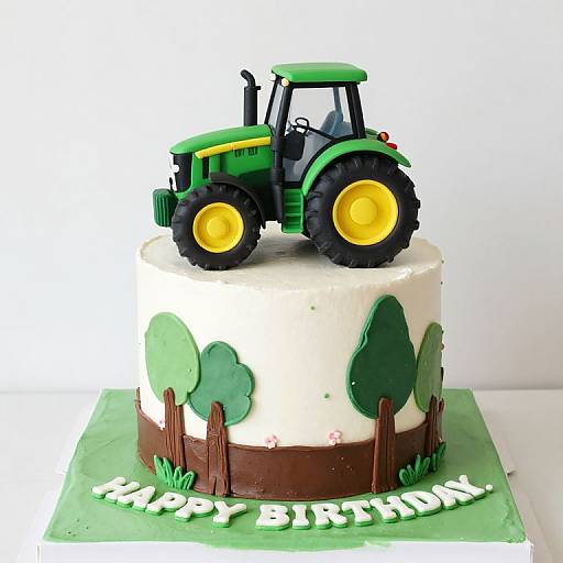 Photograph of a birthday cake with a green and yellow tractor on top, white base, green trees, brown fence, and 