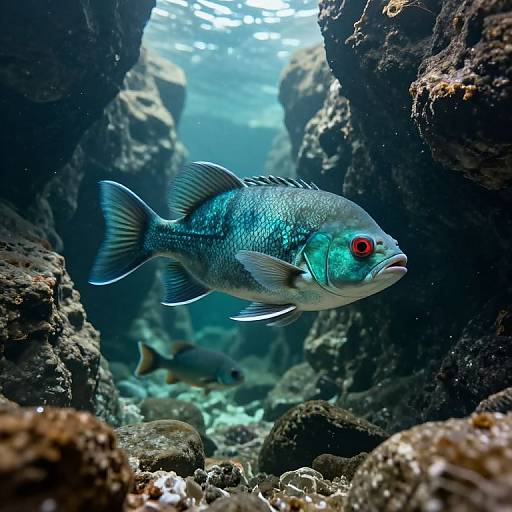 Photograph of a vibrant blue fish with red eyes swimming between dark, rocky underwater caverns, illuminated by sunlight from above.