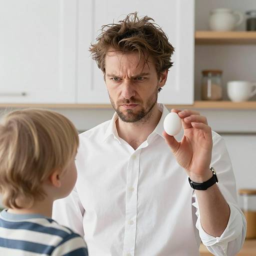 Man Examining Egg with Concern in Kitchen