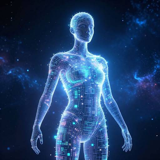 Digital CGI of a glowing, wireframe human silhouette with blue neon lights against a dark, starry background, emphasizing futuristic technology.