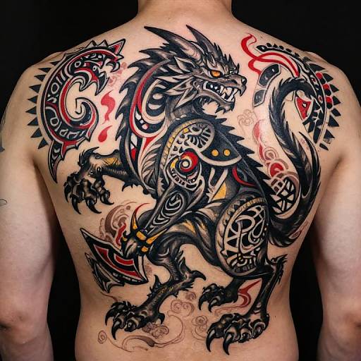 Tattooed back of a muscular man with a detailed, black and red, dragon-like creature featuring intricate patterns and sharp claws.