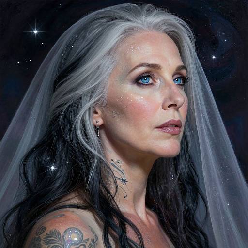 Digital portrait of a fair-skinned, blue-eyed woman with long silver-black hair, wearing a translucent veil, star tattoos, and a starry background